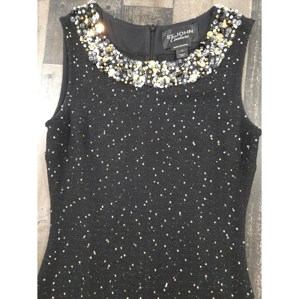 St John Couture Black Sequin Santana Knit Hand Beaded Dress Size 2 Made in USA - Picture 5 of 16